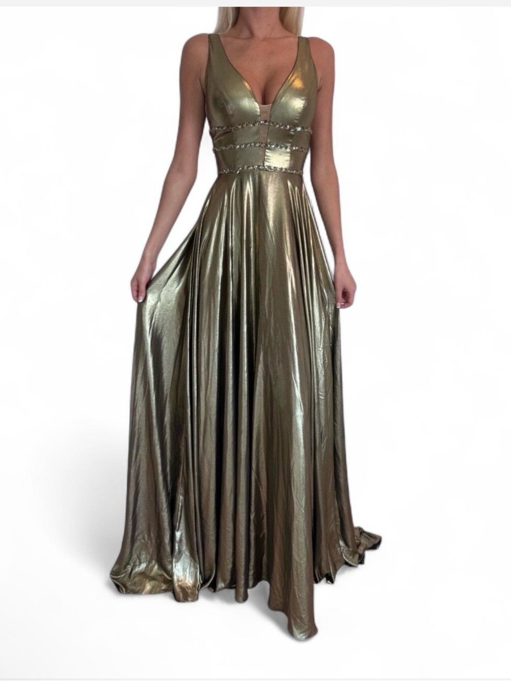 Metallic Gold Grecian V-Neck Maxi Gown